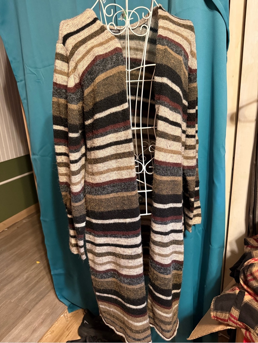 Hannah Striped Long Open-Front Cardigan - Brown, Cream, Black, Rust